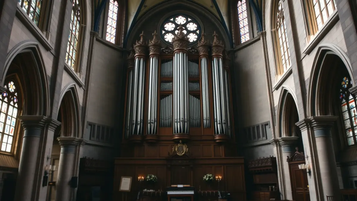 Imagen de un órgano histórico en el interior de una iglesia, con luz tenue y ambiente solemne.