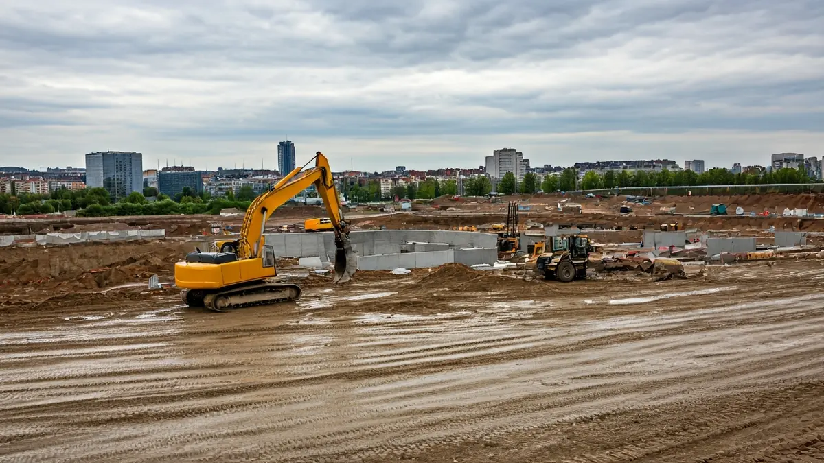 Imagen de un sitio de construcción con maquinaria pesada y estructuras parcialmente terminadas.