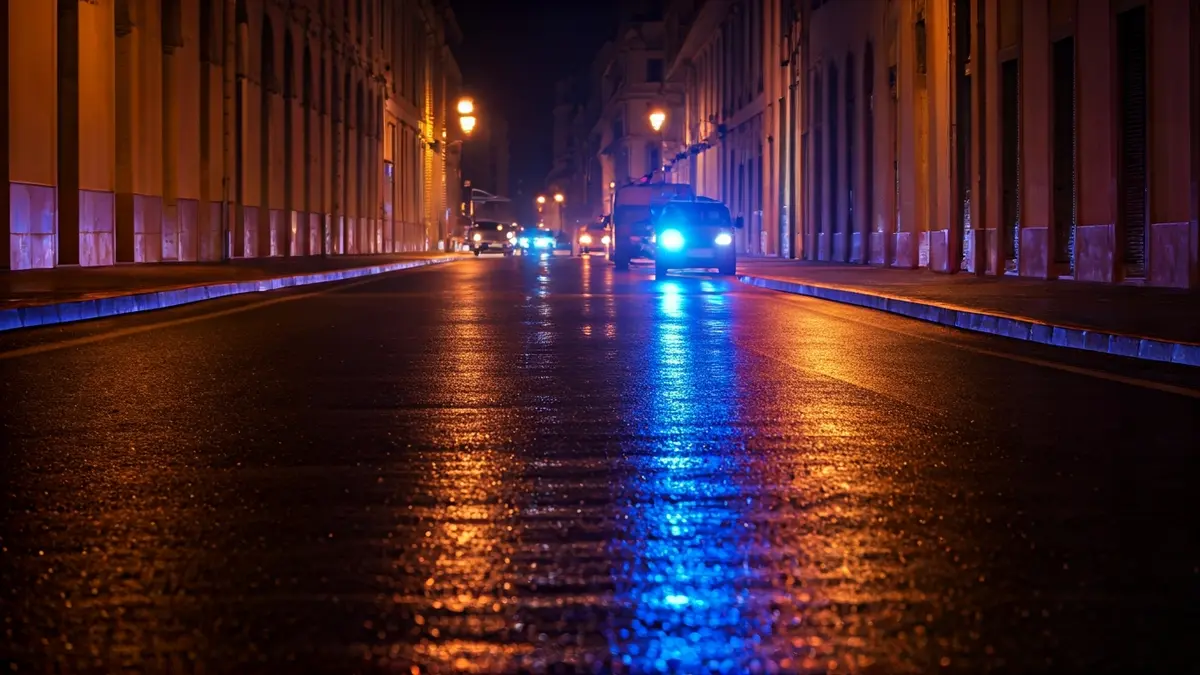 Imagen genérica de luces de emergencia reflejadas en asfalto mojado.