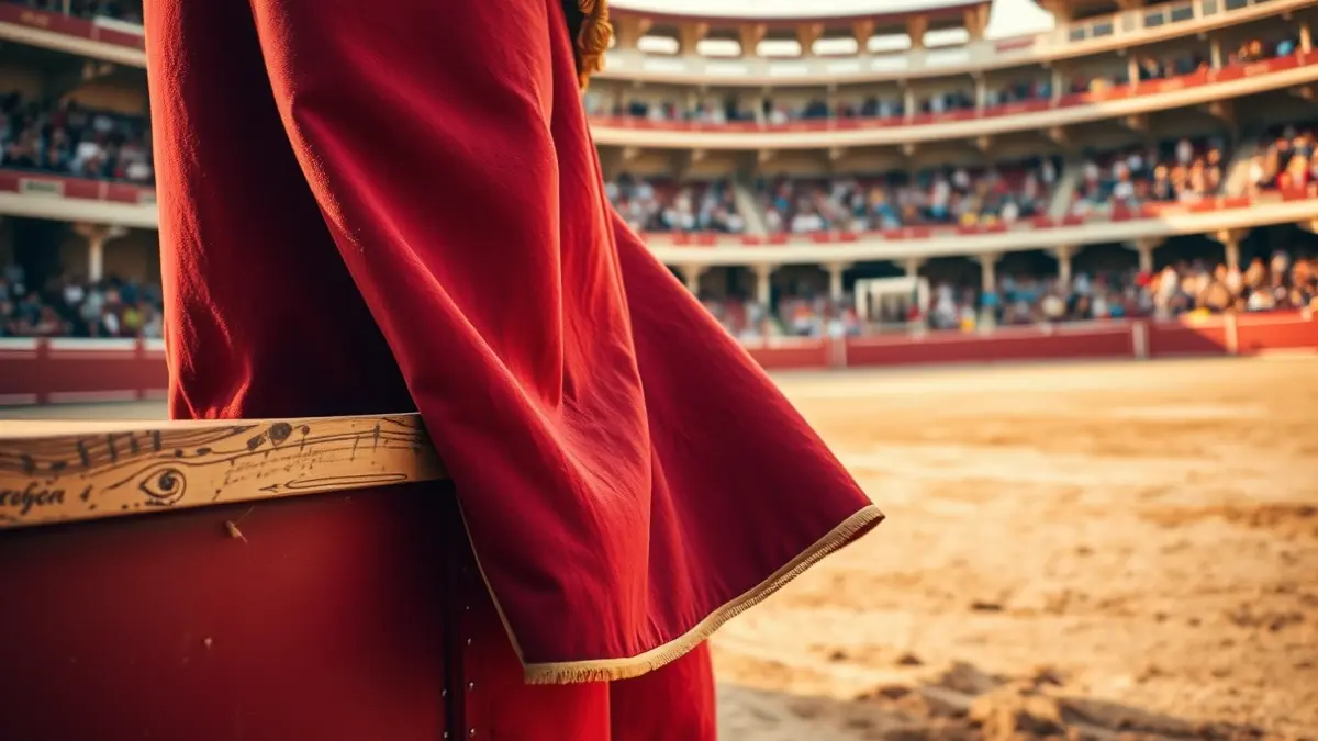 Image of a bullfighter's cape in a bullring.
