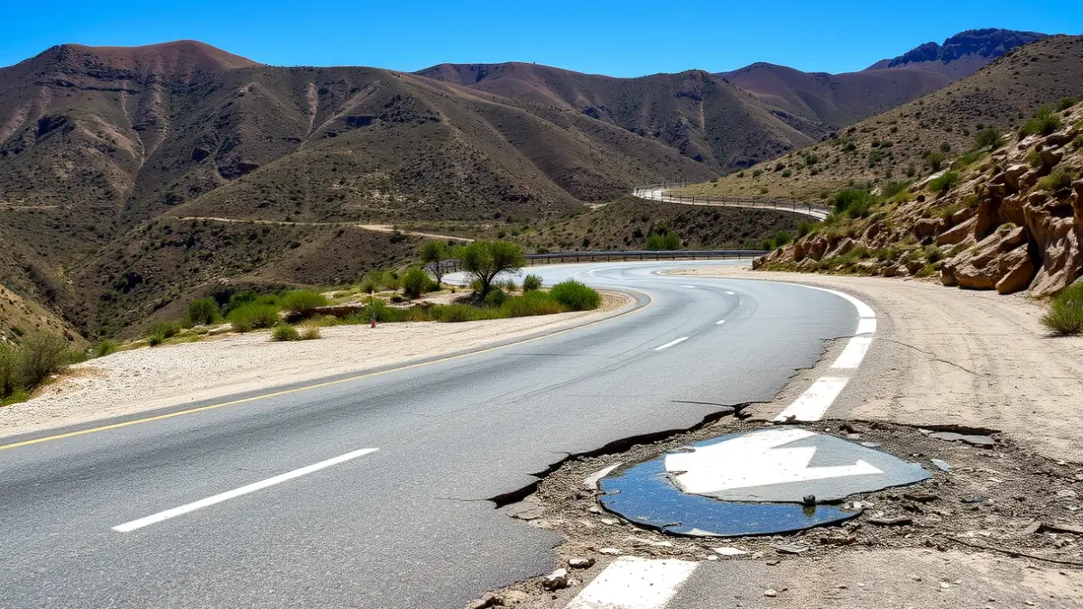 Carretera dañada en un paisaje montañoso andaluz, con grietas y escombros visibles.