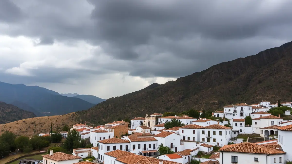 Image of an Andalusian village under heavy rain, with white houses and tiled roofs.