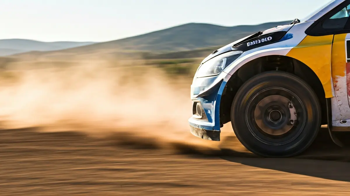 Image of a rally car in action, kicking up dust on a dirt section.