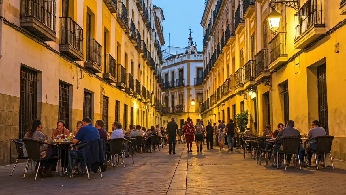 Imagen de una calle animada en Sevilla con gente tapeando.