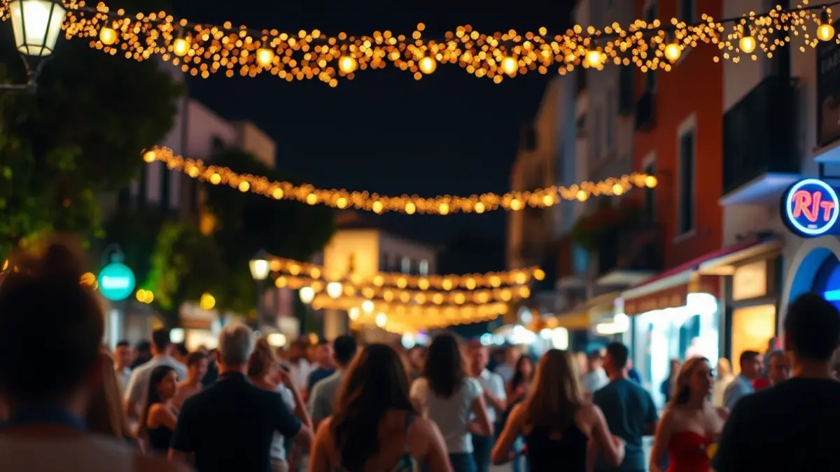 Imagen genérica de una calle festiva en una ciudad mediterránea por la noche, con luces y gente celebrando.
