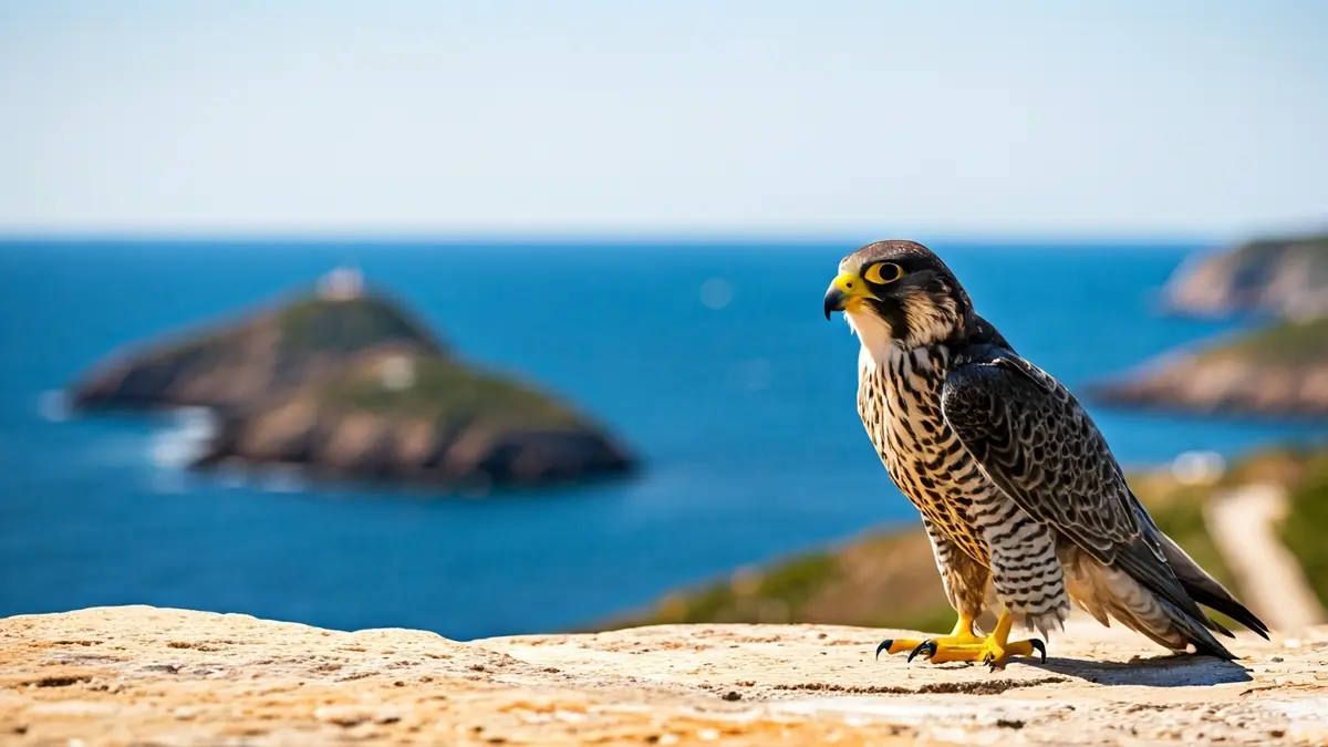 Halcones peregrinos anidando en el Faro de Chipiona, con el mar de fondo.
