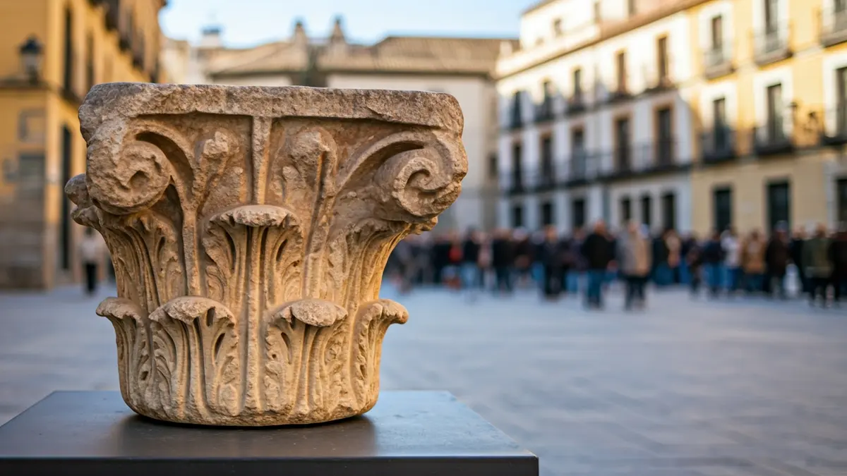 Fragmento de columna romana de Itálica expuesto en un entorno urbano de Sevilla.