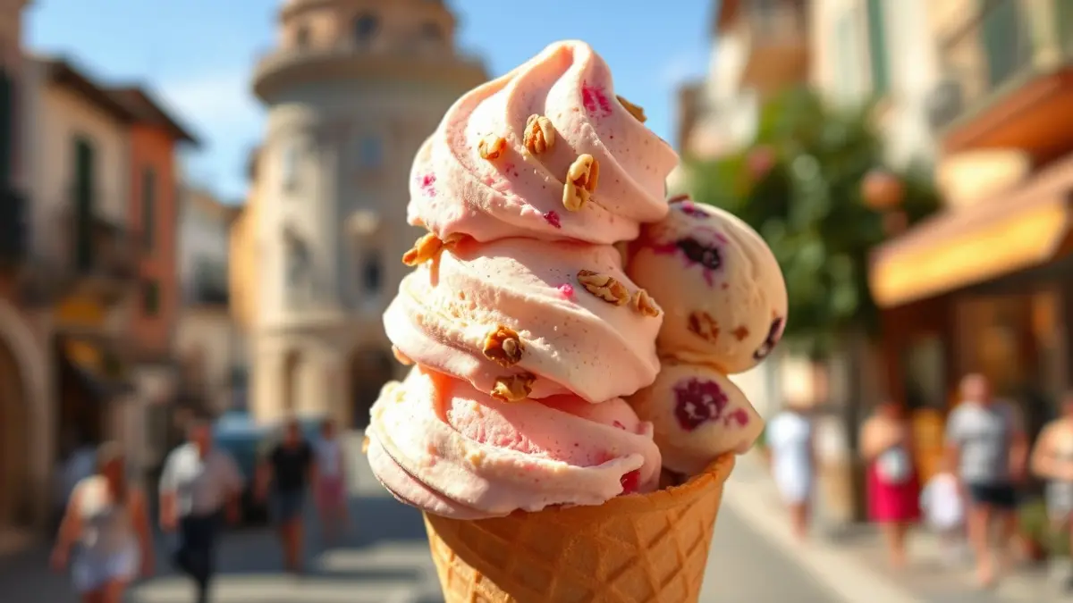 Imagen de un cucurucho de helado artesanal con tres sabores diferentes, en un entorno urbano mediterráneo.