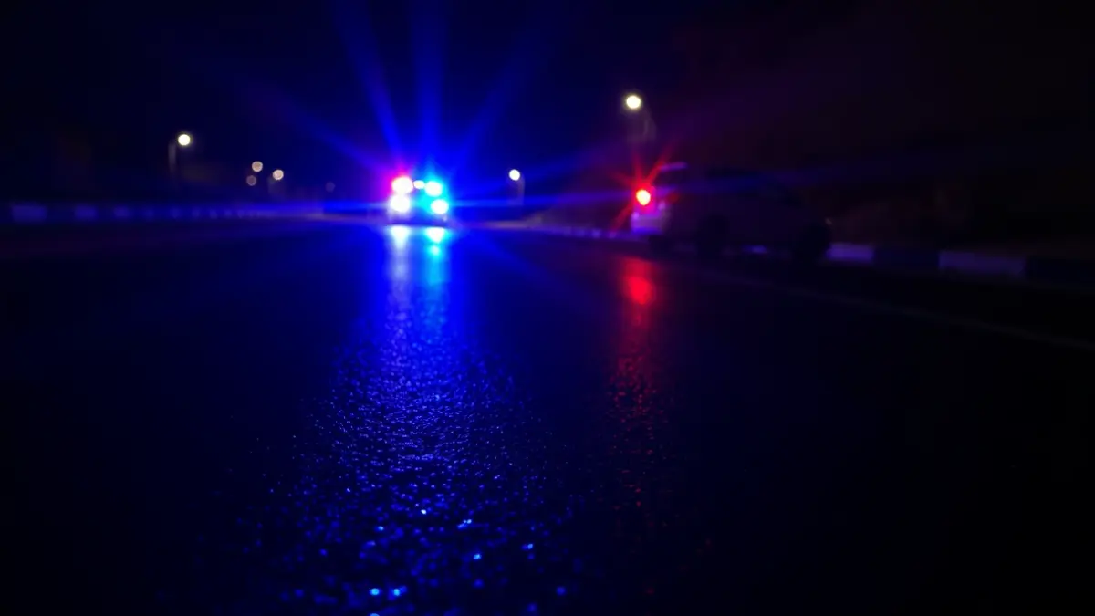 Imagen genérica de luces de emergencia reflejadas en el asfalto mojado por la noche.
