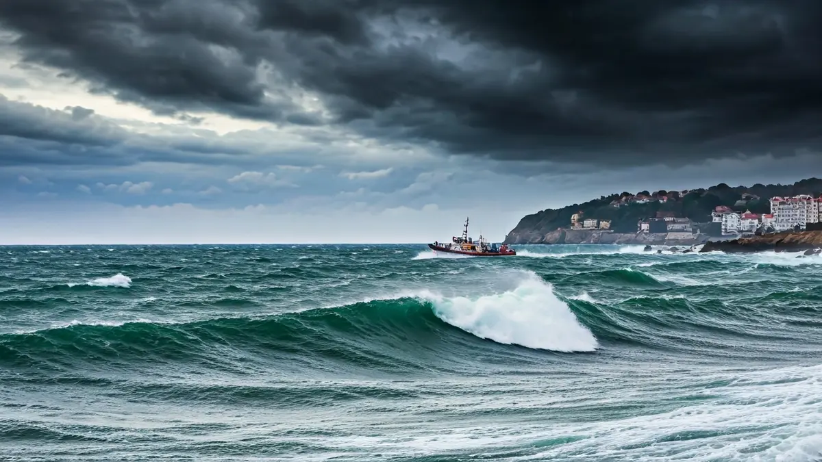 Image of a rough sea with large waves and a small rescue boat in the distance.