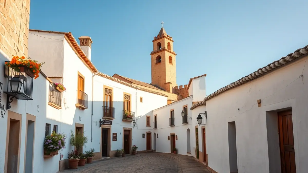 Imagen de una calle típica de Hinojosa del Duque con casas encaladas y la iglesia de San Juan al fondo.