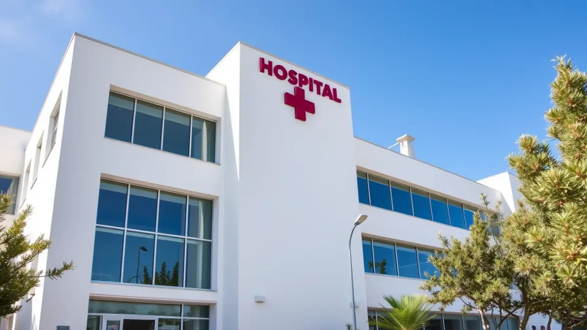 Facade of a modern hospital with large windows and contemporary design.