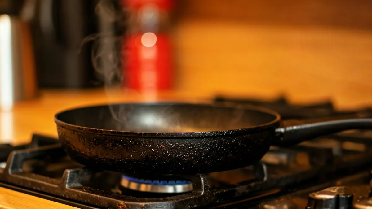 Imagen de una sartén quemada en una cocina tras un incendio.