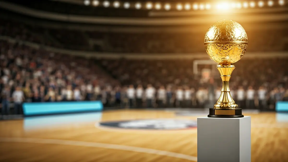 Imagen de un trofeo de baloncesto en una cancha, con el público difuminado al fondo.