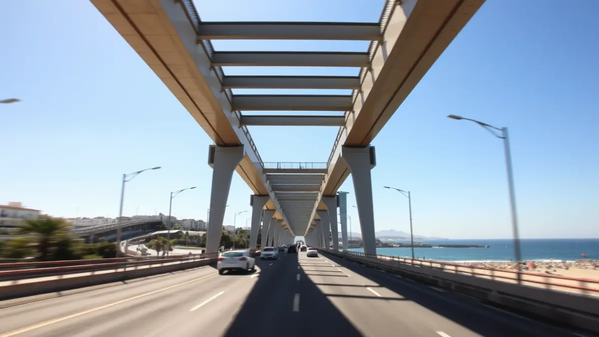 Pedestrian bridge over a coastal road in Estepona, with blurred traffic below.