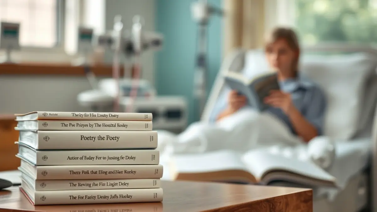 Generic image of poetry books on a hospital bedside table, with a patient reading in the background.