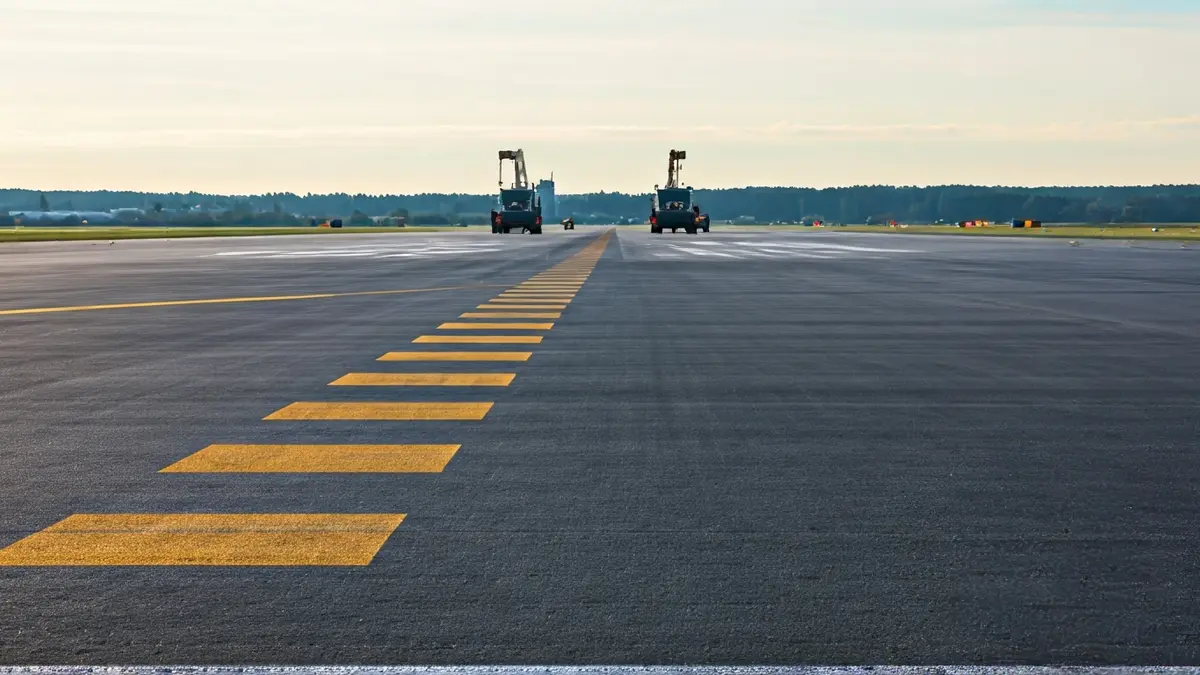 Image of an airport runway under construction, with machinery in the background.