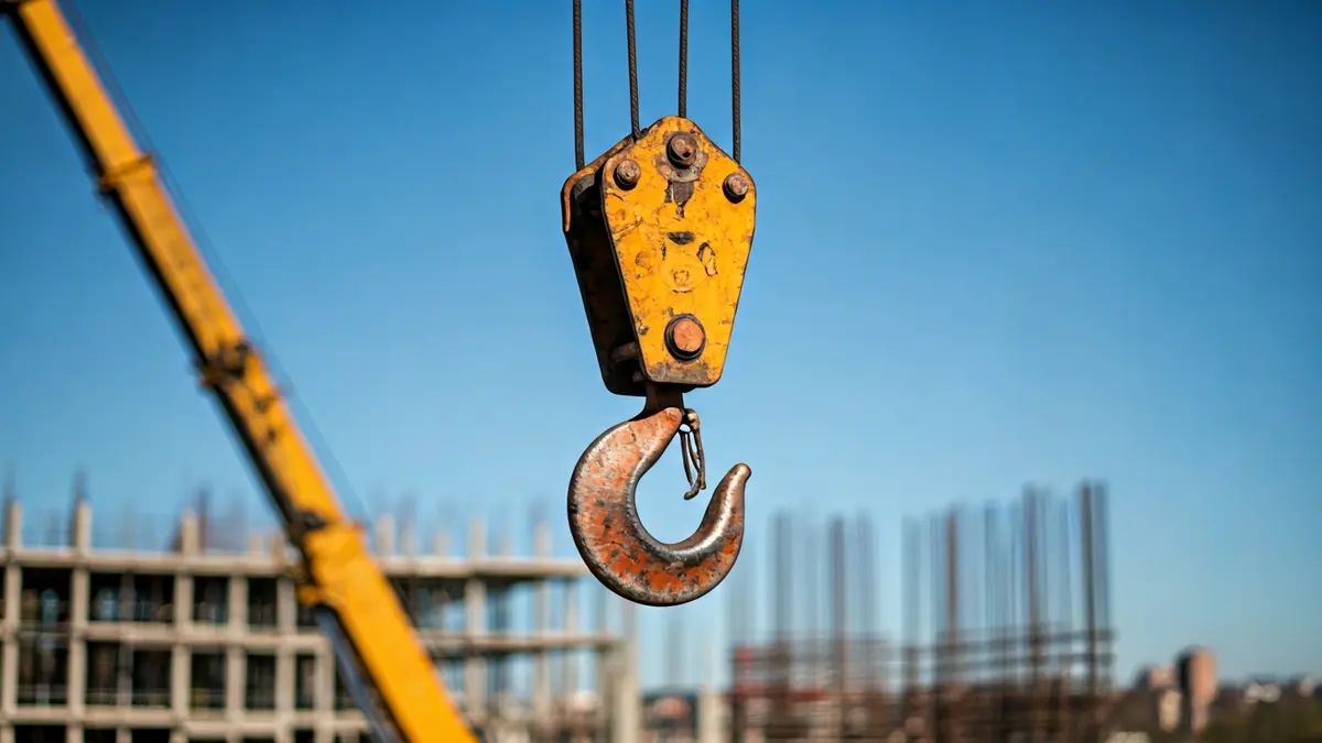 Generic image of a construction crane hook against a blue sky.