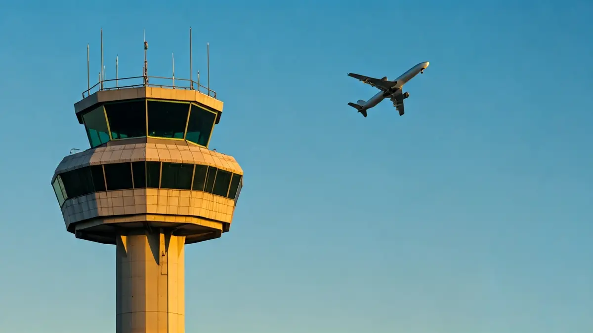 Torre de control aéreo con un avión despegando al fondo, simbolizando la interrupción de vuelos.