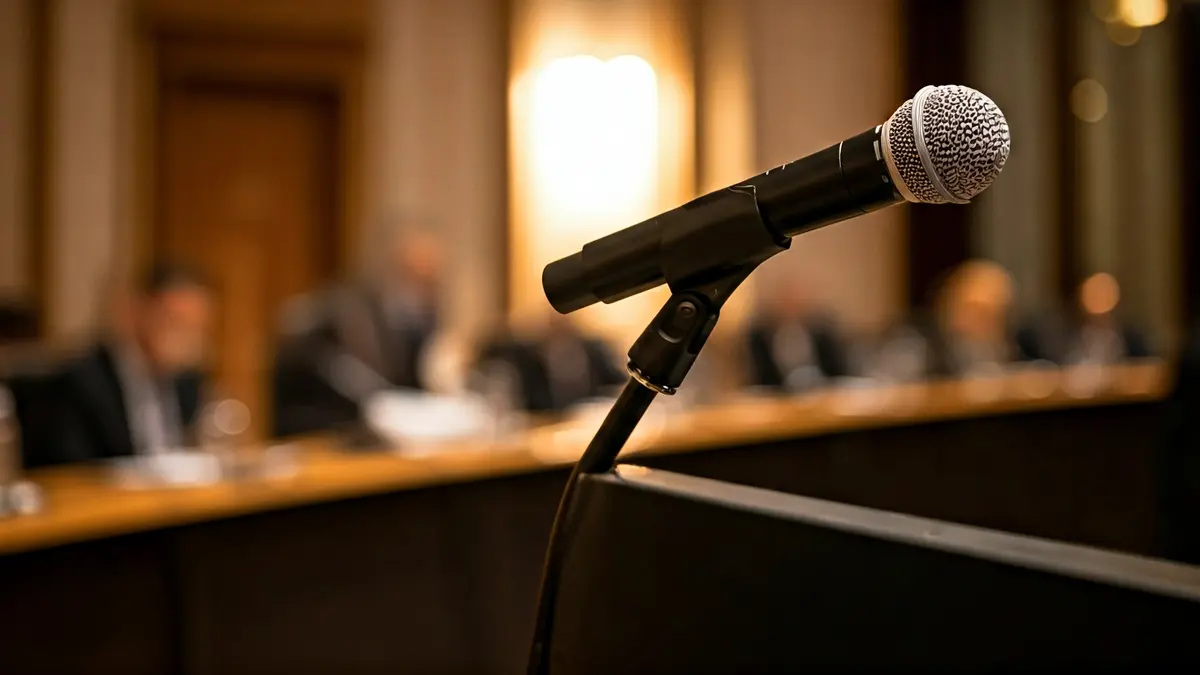 Generic image of a microphone on a podium during a forum or conference.