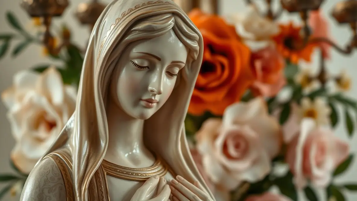 Image of a religious sculpture of the Virgin Mary with a floral arrangement.