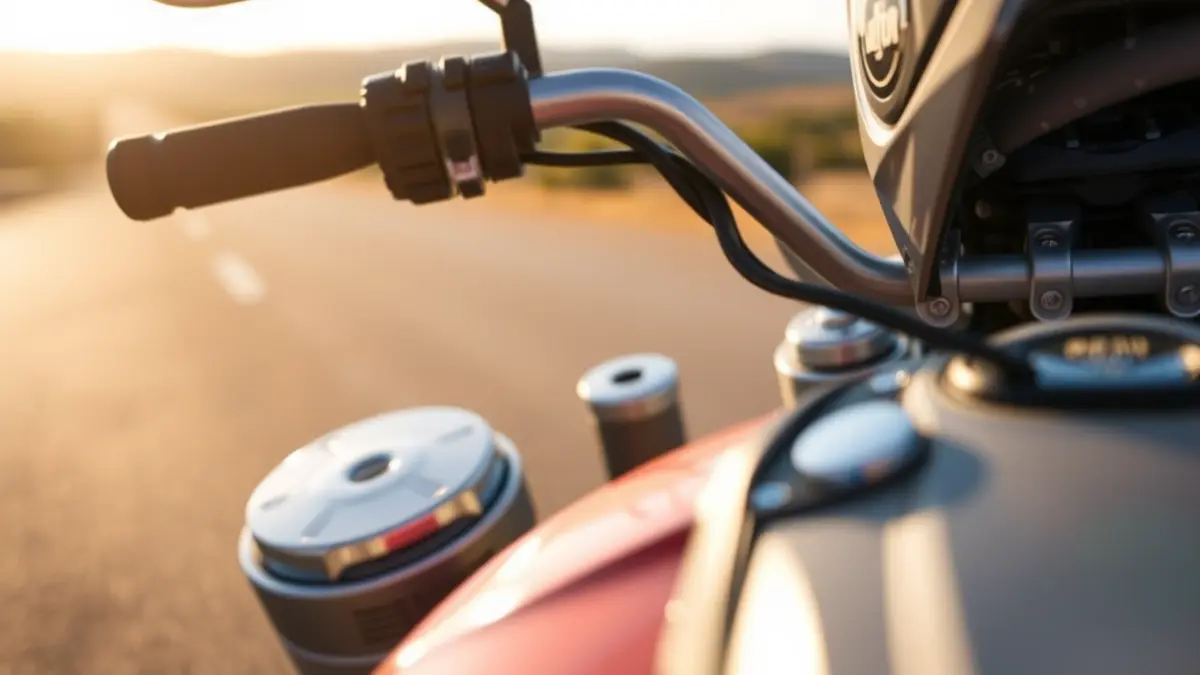 Generic image of a motorcycle, with the engine or handlebars in the foreground and a blurred Andalusian landscape in the background.