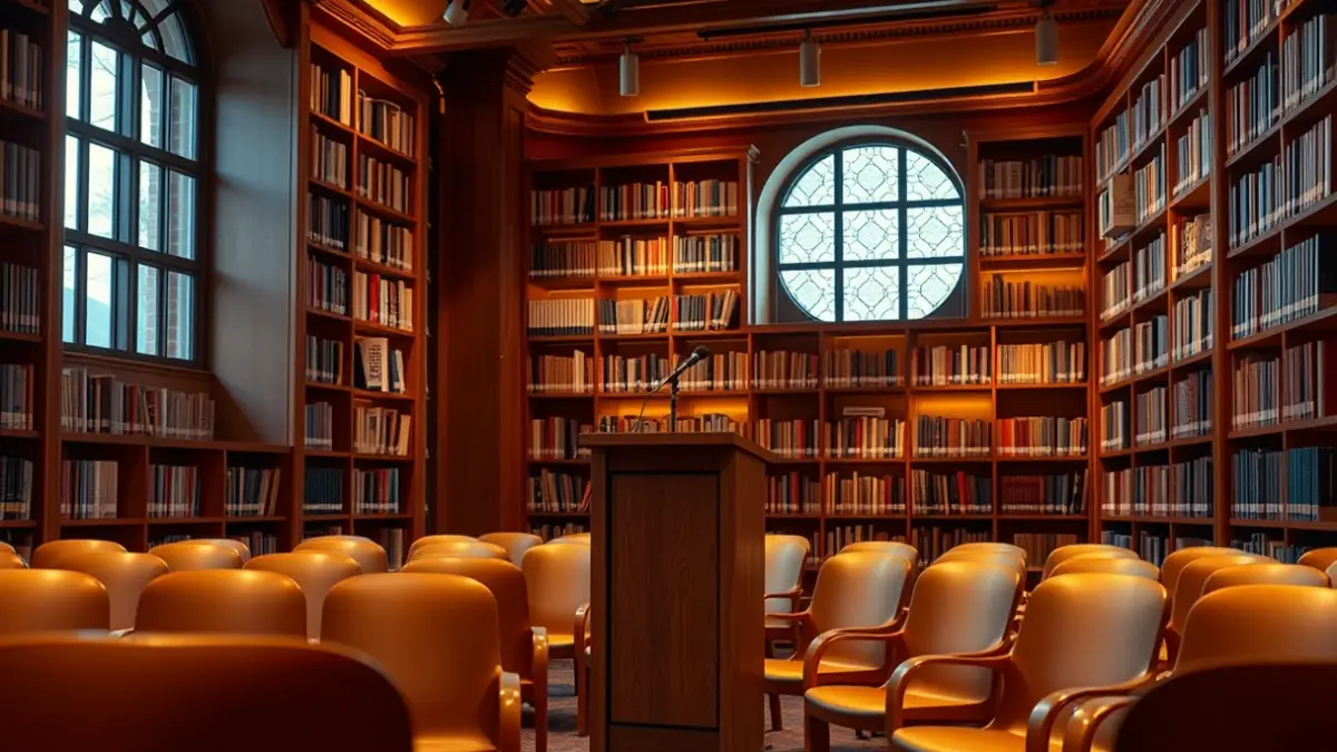 Imagen genérica de un interior de biblioteca con estanterías de madera y un podio con micrófono.