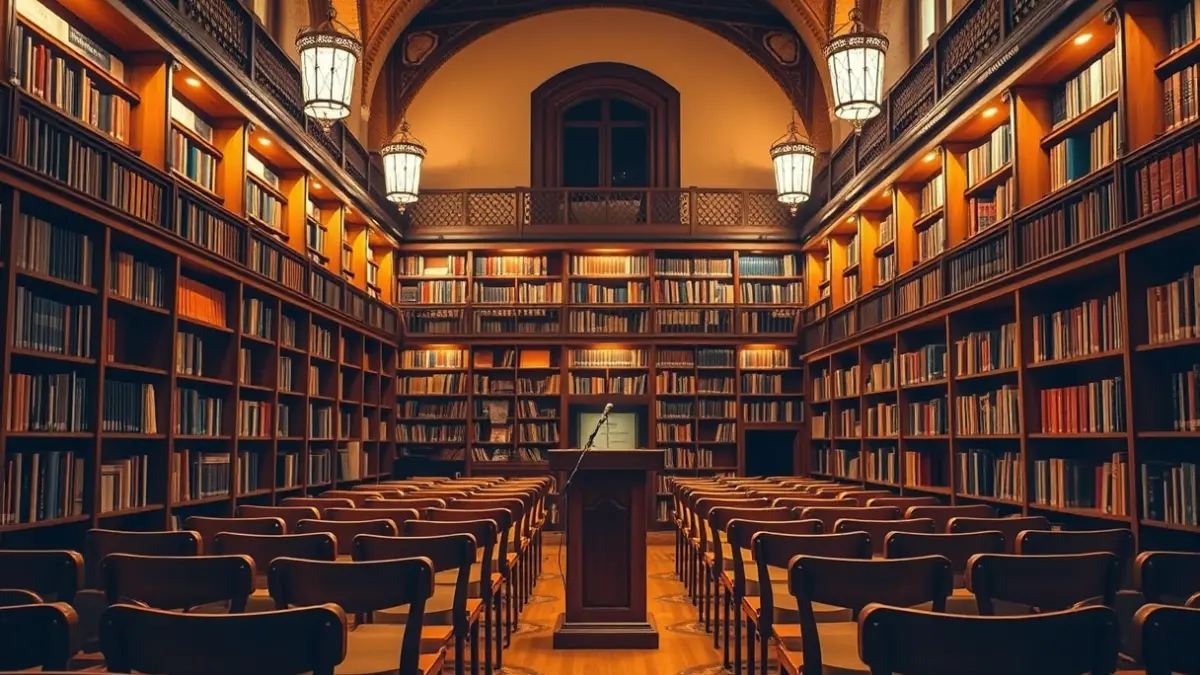 Imagen genérica de un espacio literario con estanterías y un podio, iluminado cálidamente.