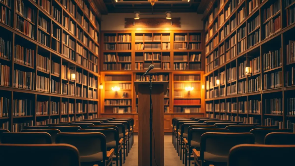 Generic image of a literary space with bookshelves and a microphone, evoking a literary gathering.