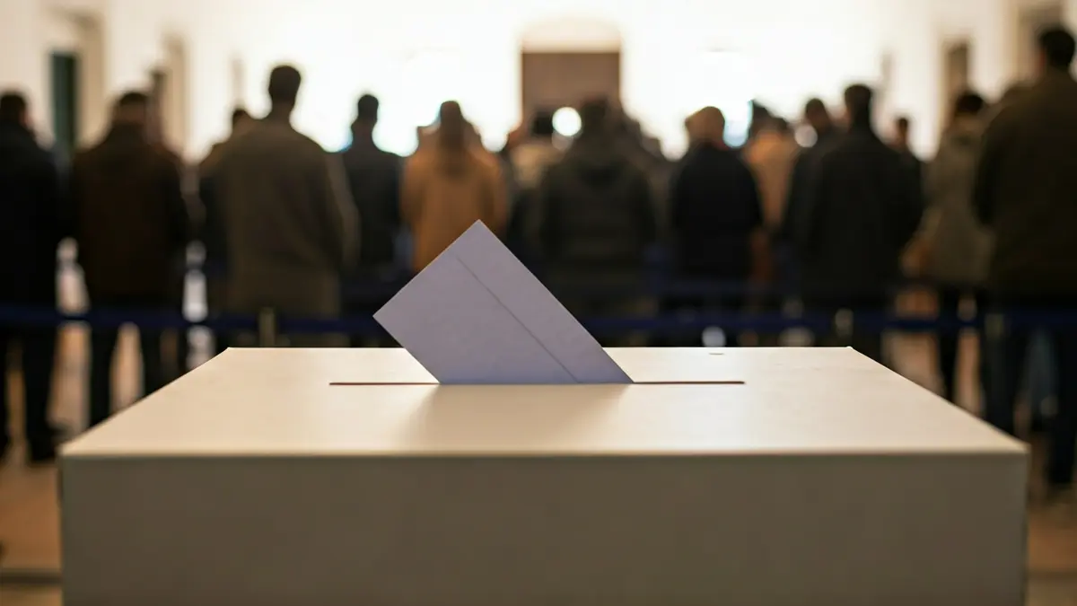Imagen genérica de una urna electoral en un colegio, con personas votando al fondo.