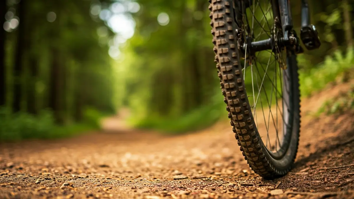 Imagen genérica de una rueda de bicicleta de montaña en un sendero de tierra.