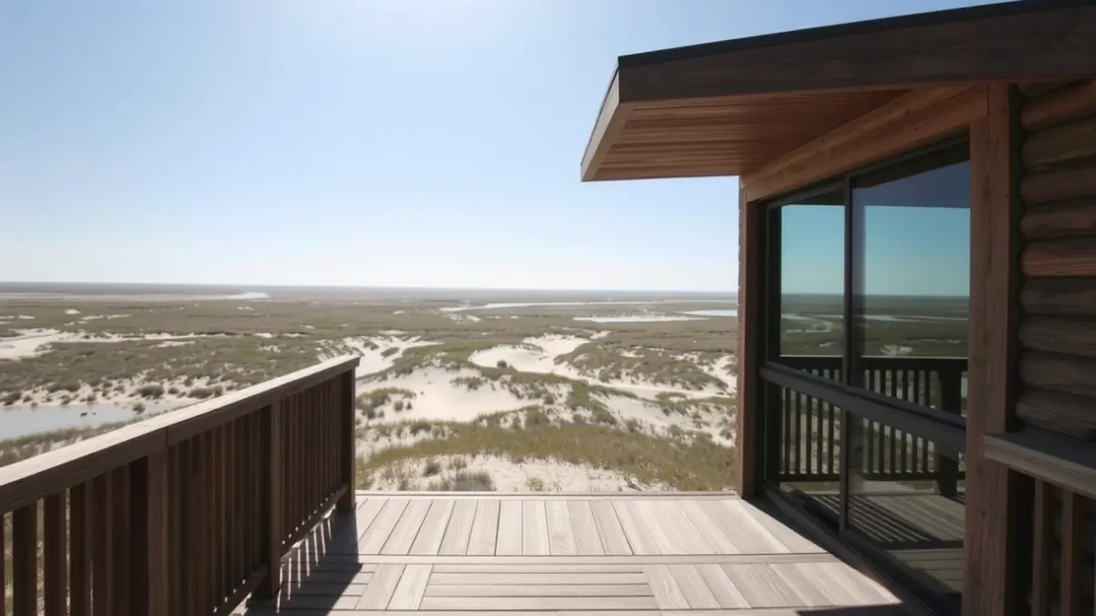 Image of a modern viewpoint overlooking a coastal landscape with sea, dunes, and marshlands.