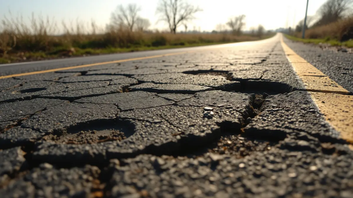 Imagen de una carretera en mal estado con baches y señalización deficiente.