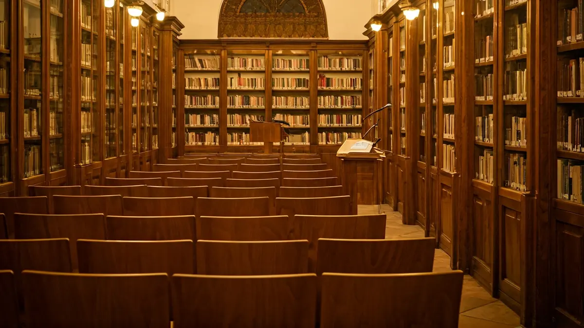 Imagen genérica de una biblioteca con un podio y sillas, iluminada cálidamente.