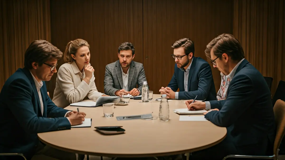 Generic image of a collaborative work table with several people discussing.