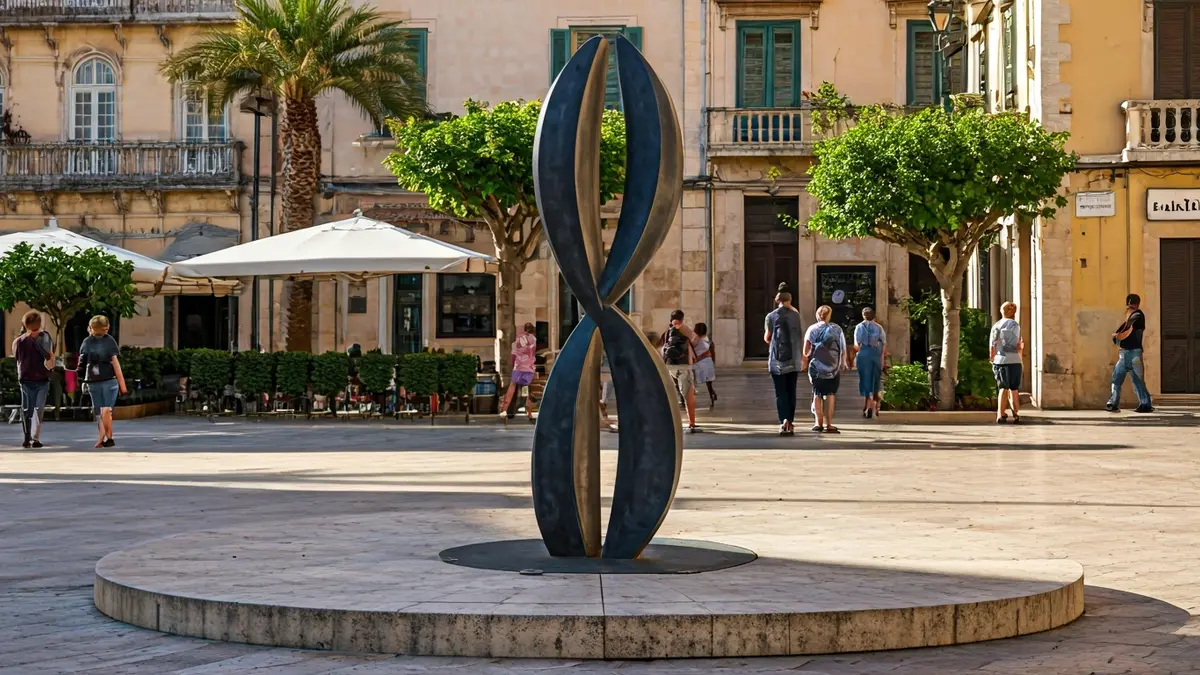 Escultura abstracta en una rotonda de Huelva, representando la dualidad de Antonio Herrera Abrio.
