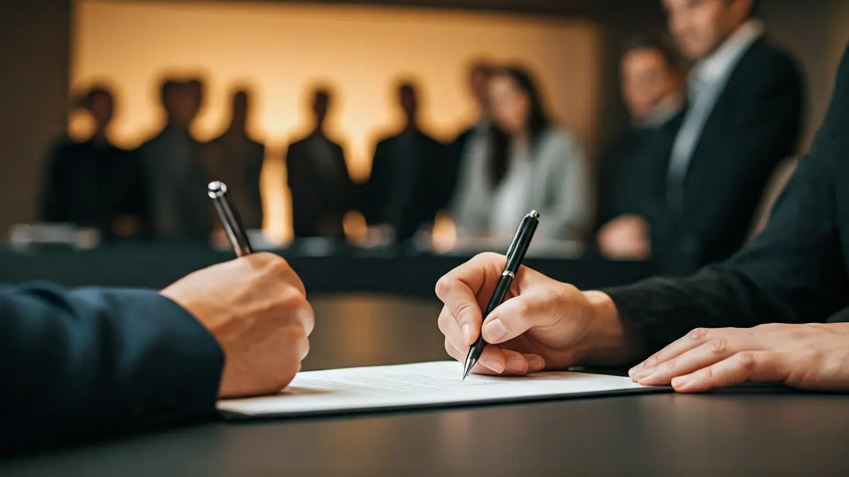 Generic image of an agreement or document signing in a business setting.