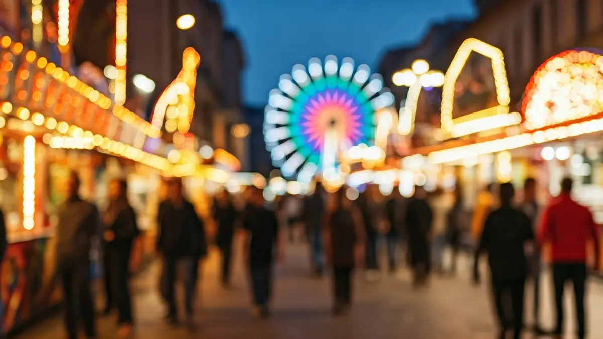 Imagen genérica de un recinto ferial al anochecer con luces borrosas de atracciones.