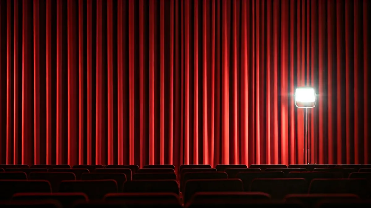 Generic image of a theater stage with red curtains and a microphone.