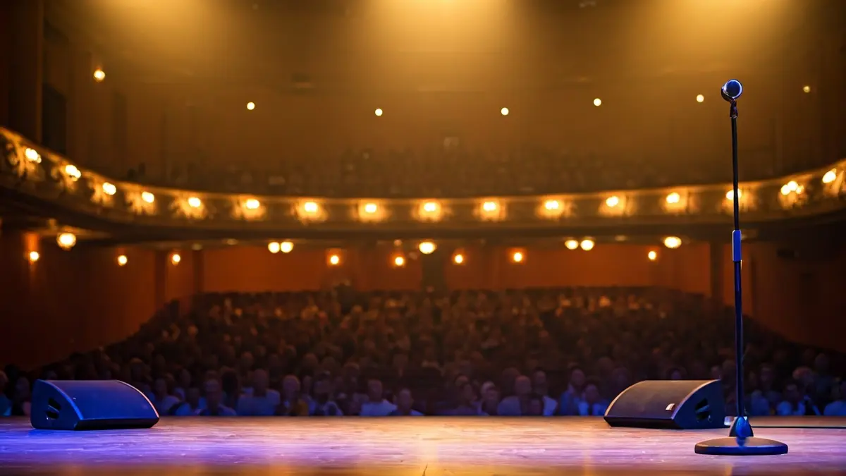 Imagen genérica de un escenario con un micrófono bajo un foco, simbolizando un espectáculo de humor.