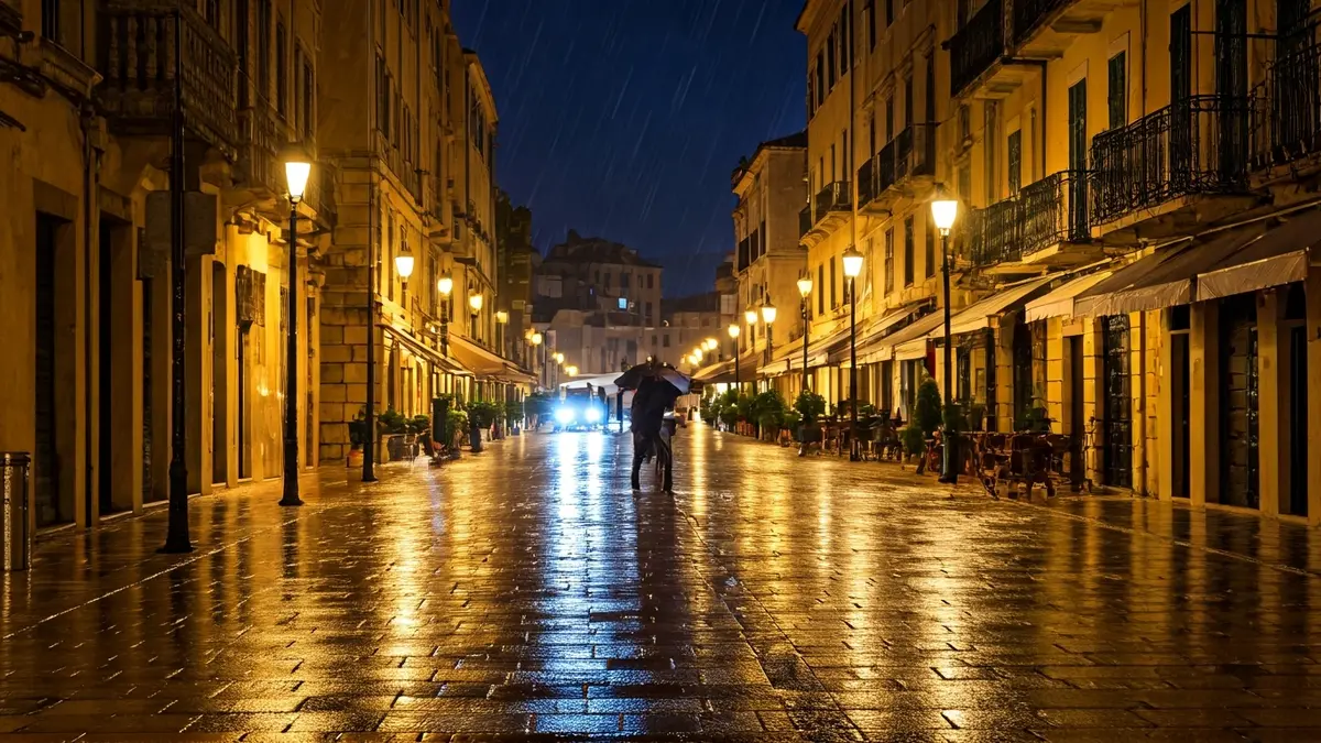 Generic image of a rainy street in a Mediterranean city with people using umbrellas.