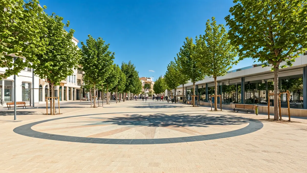 Imagen de una plaza moderna con árboles, pérgola y zona de juegos infantiles en Huelva.