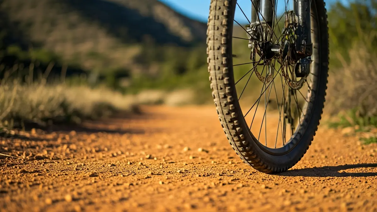 Imagen genérica de una rueda de bicicleta de montaña en un sendero de tierra roja.