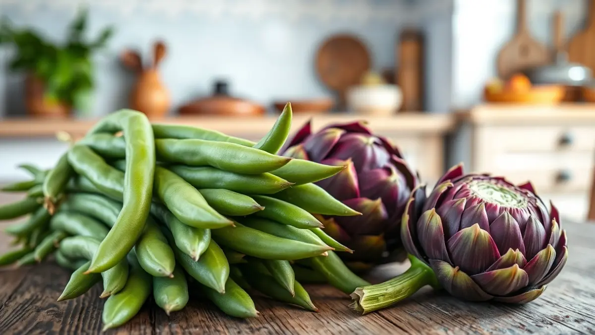 Image of fresh broad beans and artichokes, typical local gastronomic products.