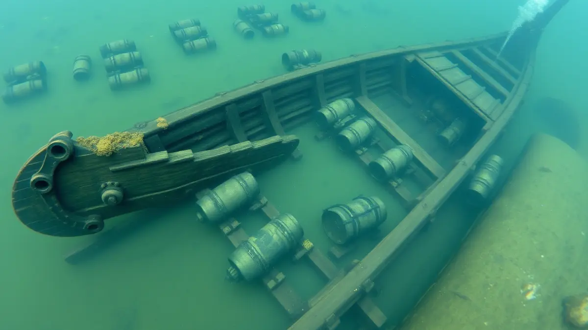 Remains of an ancient shipwreck on the seabed, with bronze cannons and barrels.