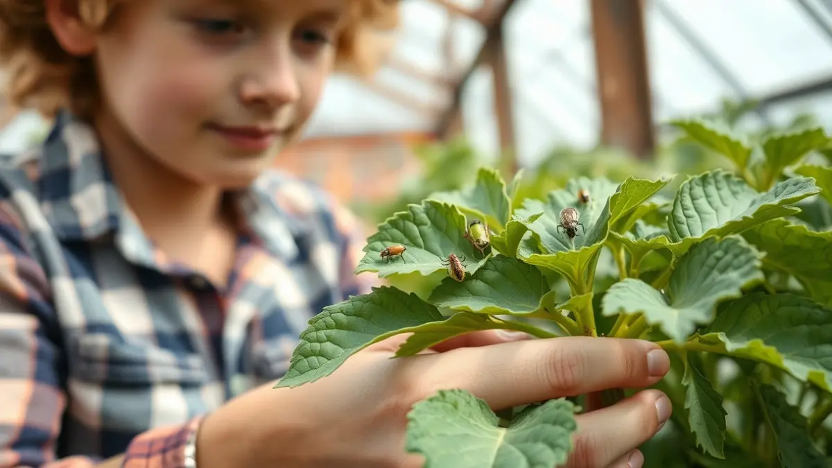 Generic image of a young farmer inspecting a plant in a greenhouse, with emphasis on biological pest control.