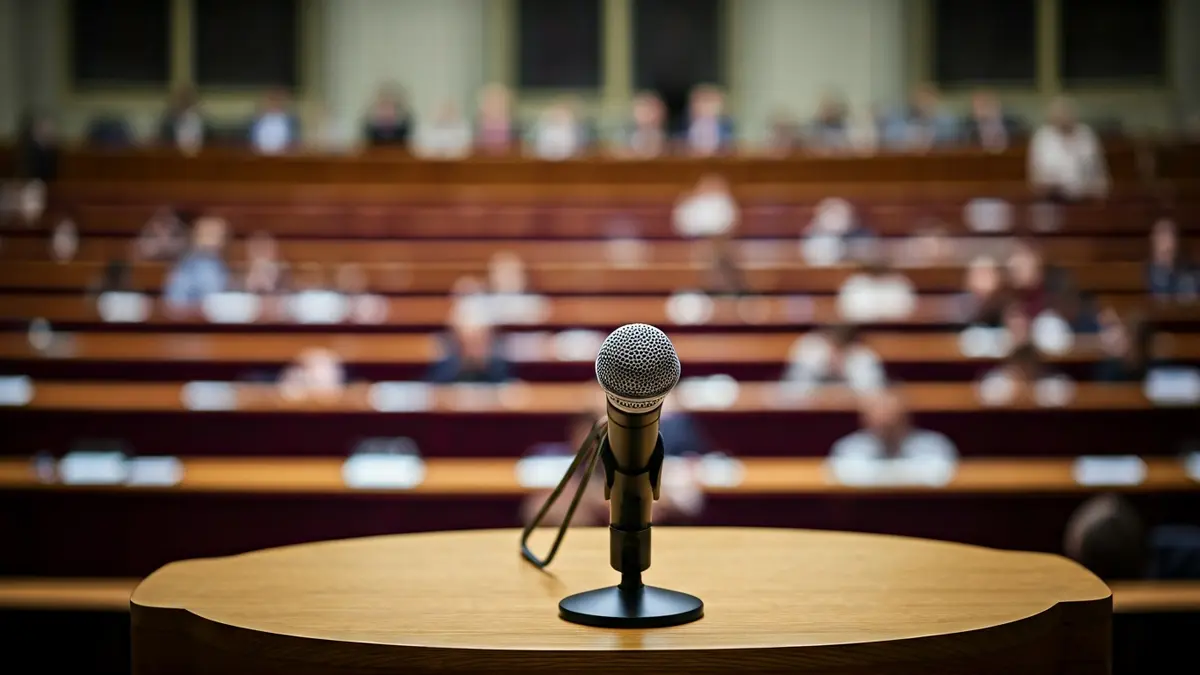 Imagen genérica de un micrófono en un podio en una sala parlamentaria vacía.