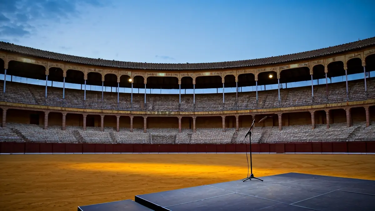 Imagen de un escenario en una plaza de toros, con focos y un micrófono, evocando un concierto.