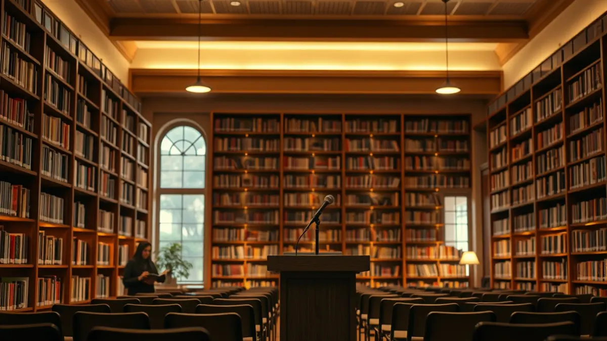 Generic image of an auditorium or conference room with a microphone on a podium.