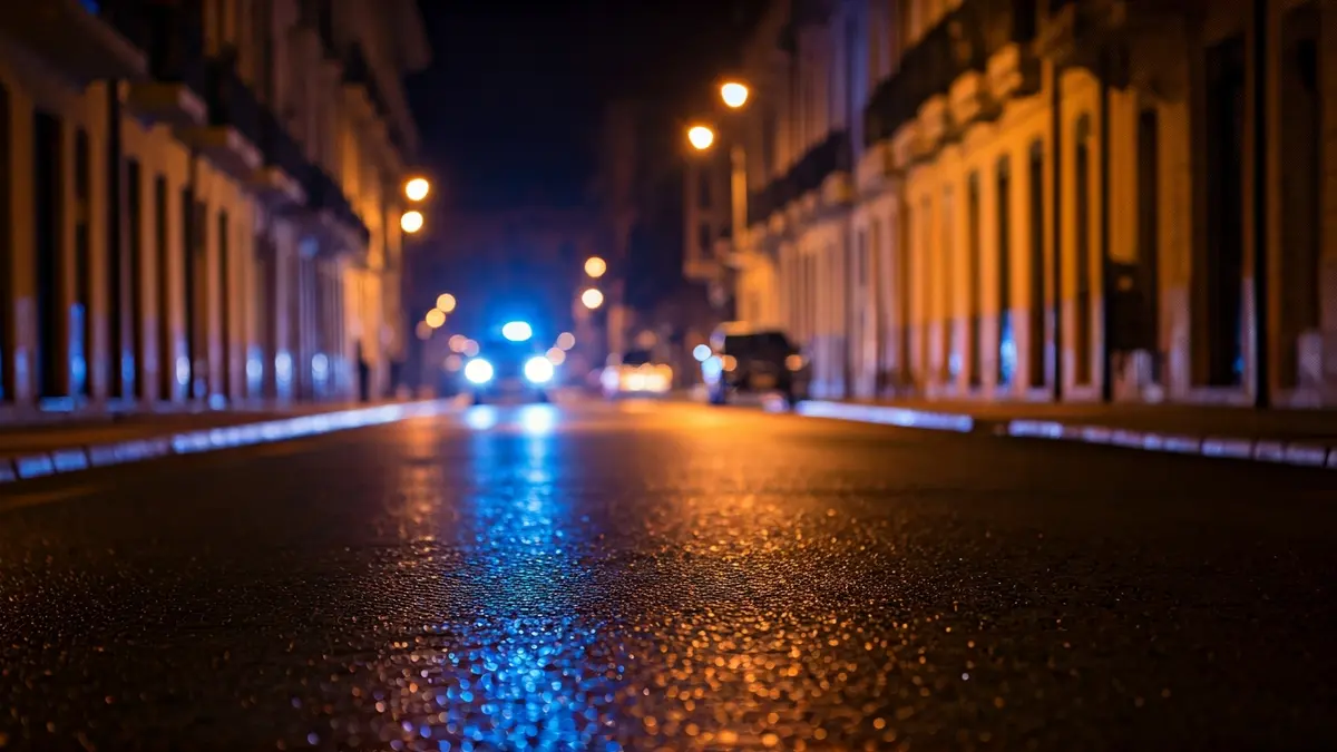 Imagen genérica de luces de emergencia reflejadas en el asfalto mojado por la noche.